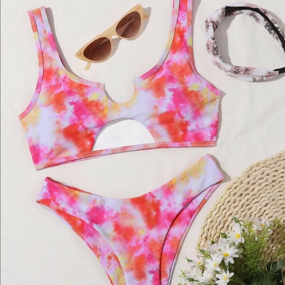 Pink Tie Dye Cutout Bikini Swimsuit